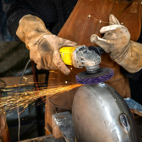 Using Six Pack 4 Inch Stripping Discs for Angle Grinder 5/8 Inch Arbor Rust and Paint Removal Wheel Silicon Carbide 46 Sharp Stripping Discs Up to 12500 RPM on metal.