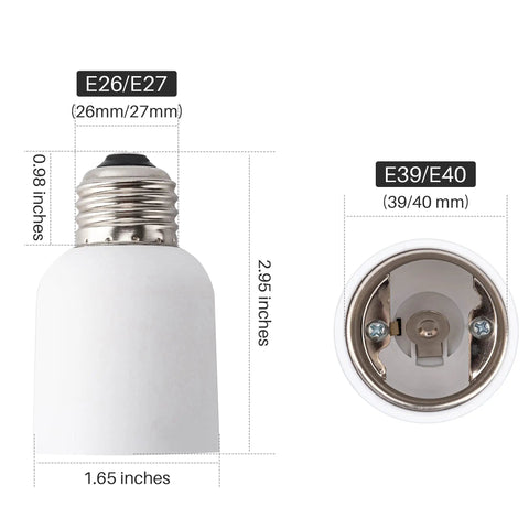 E26 To E39 Socket Adapter 3 Pack Mogul Base Converter For Light Fixtures with detailed dimensions labeled.
