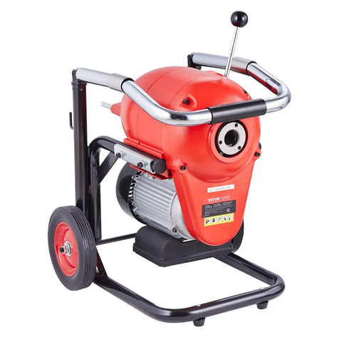 Heavy Duty Electric Sewer Snake Drain Cleaner Machine With 120 Ft Steel Cable And 1100 Watt Motor on rolling cart with chrome handle.
