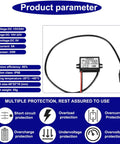 USB Output 5V Buck Converter Module for 12V or 24V DC Power, Fixed 5V Regulated Supply, shown with USB connector and wiring.