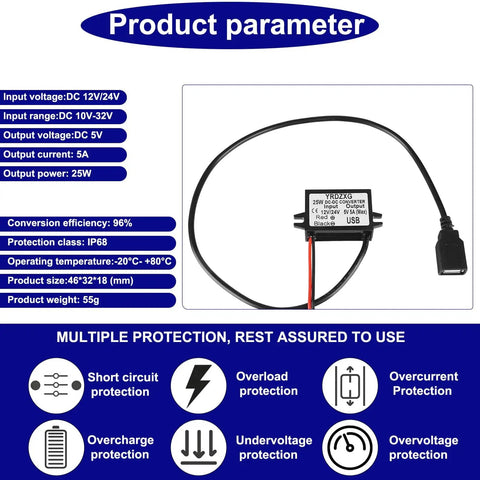 USB Output 5V Buck Converter Module for 12V or 24V DC Power, Fixed 5V Regulated Supply, shown with USB connector and wiring.