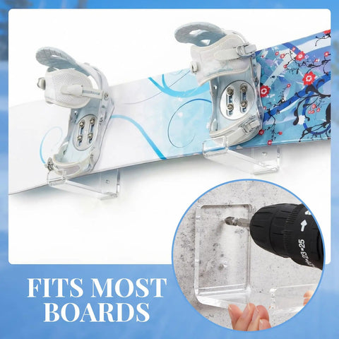 Rad Clear Acrylic Skateboard And Snowboard Wall Mount Rack For Secure Deck Display showing installation with snowboards mounted.