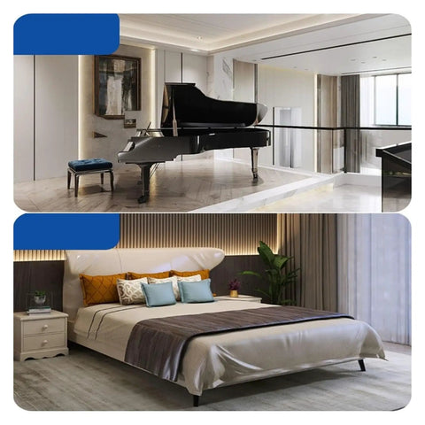 Professional Polyurethane Self Adhesive Soundproofing Foam Rolls Five Meter Long Killer Acoustic Dampening Panels For Home Recording Studio Walls And Ceilings No Sweat Setup in a modern interior with a grand piano and stylish bedroom.