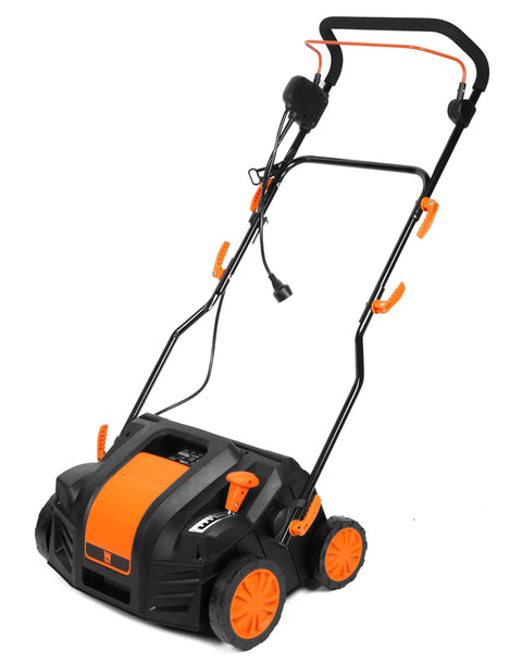 Two In One Electric Dethatcher And Scarifier with 16-inch clearing path, 15 Amp motor, and adjustable depth settings