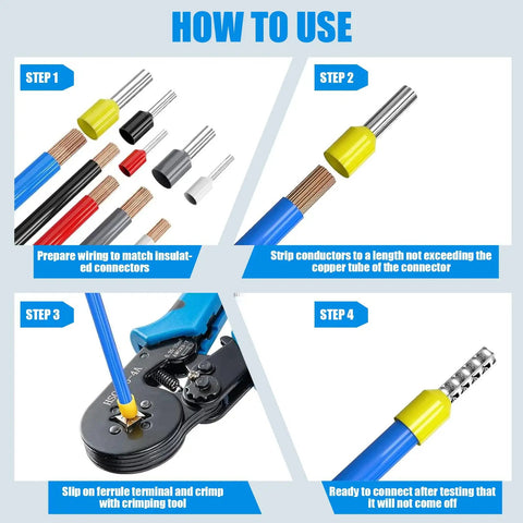 How to use Pro Grade Ferrule Crimping Tool Kit With 1800 Wire End Terminals And Crimpers, Self Adjustable Ratchet for connectors
