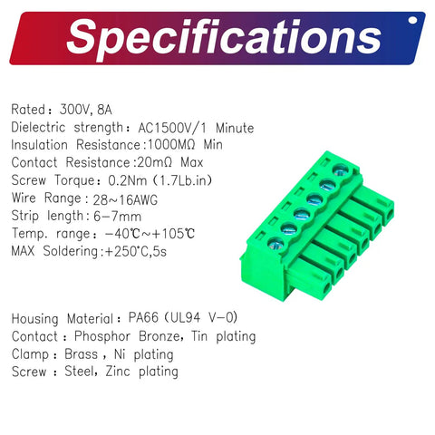 3.5mm Pitch Phoenix PCB Screw Terminal Block Connector Pack of 5 in green, showing 2 to 24 pin options for electronics use