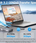 Dual Bay Raid Enclosure For M.2 Nvme Sata Ssd With Clone Mode And Raid 0 1 Arrays USB C 20gbps Ports shown with laptop displaying speed capabilities.