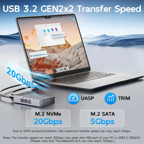 Dual Bay Raid Enclosure For M.2 Nvme Sata Ssd With Clone Mode And Raid 0 1 Arrays USB C 20gbps Ports shown with laptop displaying speed capabilities.