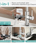 MIAOHUI Chrome Kitchen Faucet with Glass Rinser, 4 Modes demonstrating press-activated glass rinser and rotating jets.