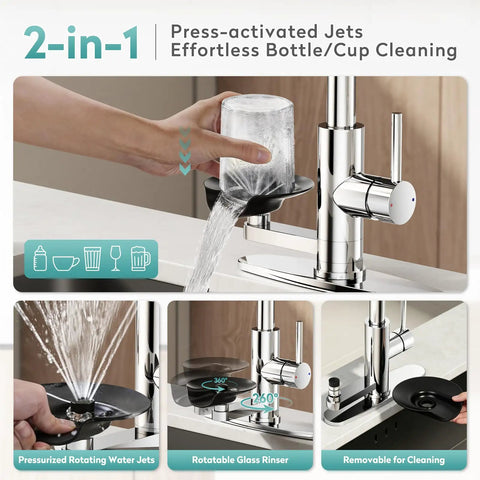 MIAOHUI Chrome Kitchen Faucet with Glass Rinser, 4 Modes demonstrating press-activated glass rinser and rotating jets.