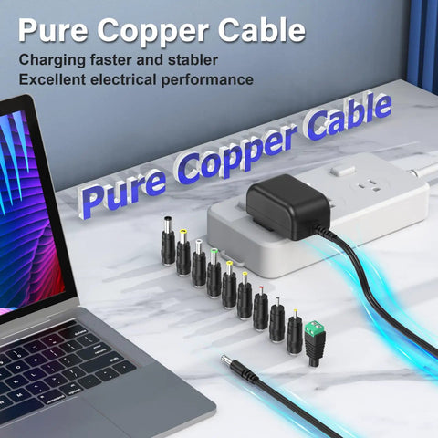 Reliable 8V 1A AC To DC Charger With 10 Interchangeable Jacks UL Listed Regulated Output Energy Efficiency VI Overload Overcurrent Overvoltage And Overheat Protection Safe Charging Of 8 Volt Devices, pure copper cable
