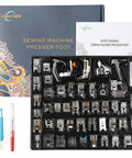 Front view of Aiskaer 48-piece sewing machine presser feet set in a black plastic tray with user manual