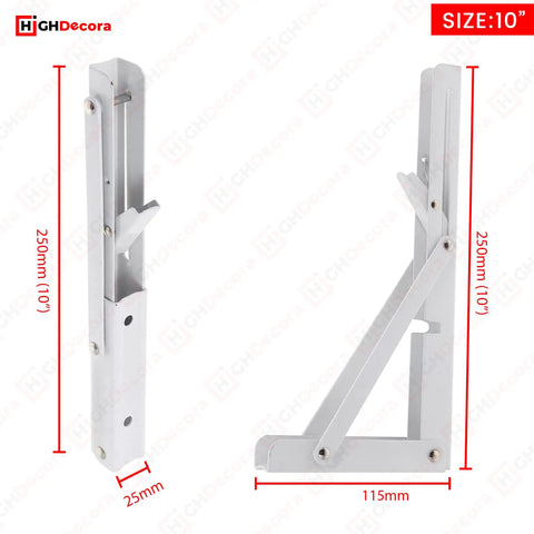 Heavy Duty Folding Shelf Brackets Set 2 Piece Metal Wall Mounted Triangle Supports Fold Down Design White 10 Inch dimensions