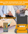 Front view of orange XFT-120GA AED training kit with defibrillator simulator, remote, and CPR mannequin.