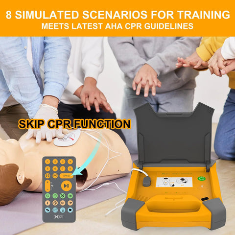 Front view of orange XFT-120GA AED training kit with defibrillator simulator, remote, and CPR mannequin.
