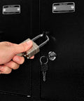 Hand securing a padlock on the Built Different 12 Door Tablet And Cell Phone Locker Featuring Keyed Differently Locks.