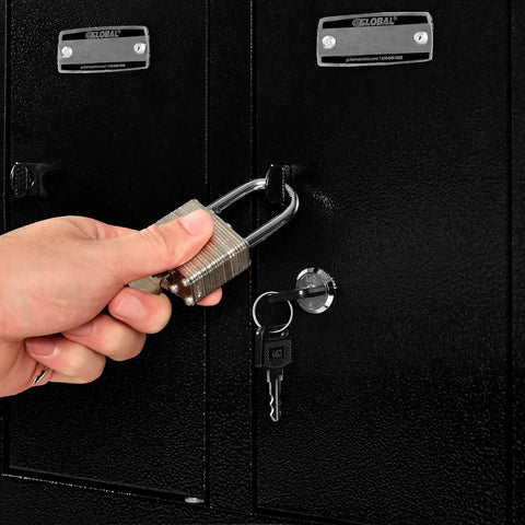 Hand securing a padlock on the Built Different 12 Door Tablet And Cell Phone Locker Featuring Keyed Differently Locks.