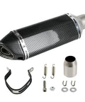 Aluminum Exhaust Muffler Slip-On With Removable dB Killer, 1.5-2 Inch Inlet, 38-51mm Diameter Pipes, Universal Fit For Street And Sport Motorcycles And Scooters, 365mm Length, Stainless Steel Connector with installation accessories.