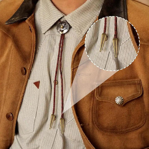 12 Piece Alloy Bolo Tie Cord End Caps Set in Three Colors, Vintage Cowboy Style Tips, 3 cm Long With 4 mm Inner Diameter for DIY Jewelry Making, Necklaces, Neckties, and Craft End Caps. Brass bolo tie tips on burgundy cord on a shirt