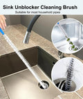 Extra Long Drain Cleaning Brush Two Pack Kicks Stubborn Hair And Grease Buildup Straight To The Curb For Sinks Tub Showers Plus Bathroom Drains, showing brush in sink.