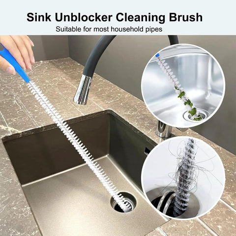 Extra Long Drain Cleaning Brush Two Pack Kicks Stubborn Hair And Grease Buildup Straight To The Curb For Sinks Tub Showers Plus Bathroom Drains, showing brush in sink.