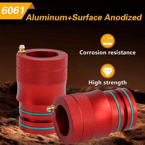 Upgraded 40mm and 44mm Wheel Bearing Greaser Tool with Storage Tube shown in red anodized aluminum with copper nipple.