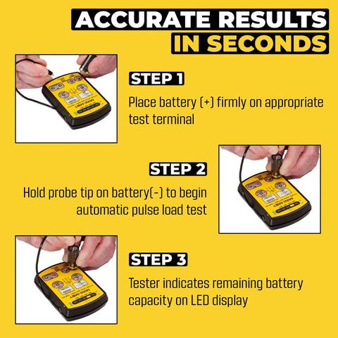 All-In-One Universal Battery Tester With LED Display Tests 15 Battery Types In Seconds For AA AAA C D 9V NiMH CR123 18650 Carry Case Included USA Made, step-by-step use