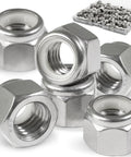 High-Quality 120 Pack Of 8-32 Inch Threaded 304 Stainless Steel Nylon Insert Lock Nuts in various angles, close-up view