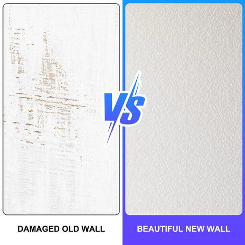 Comparison of damaged old wall and new wall with knockdown texture. Demonstrates results from 3 Pack Knockdown Texture Spray Stencil Drywall Repair Kit.