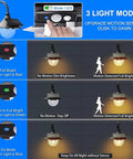 Diagram showing Two Pack Solar Barn Lights with Motion Sensor and 3 Lighting Modes in different settings with mode indicators