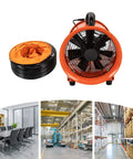 Heavy-Duty Portable Air Blower With Hose For Fast Ventilation And Extraction next to orange flexible duct in industrial setting
