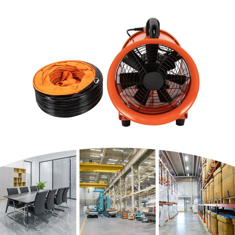 Heavy-Duty Portable Air Blower With Hose For Fast Ventilation And Extraction next to orange flexible duct in industrial setting