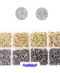 M2 Cross Flat Head Micro Screws Self Tapping Wood Fastener Kit And 1600 Pcs Assortment in gold and silver in storage box.
