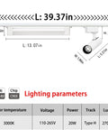 Diagram of All In One 3000K LED Track Lighting Kit With 2 Accent Spot Lights And 1 Flood Light Plus 3.28 Ft Rails in white finish showing dimensions.