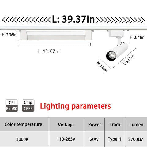 Diagram of All In One 3000K LED Track Lighting Kit With 2 Accent Spot Lights And 1 Flood Light Plus 3.28 Ft Rails in white finish showing dimensions.