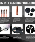 All-In-One 36-In-1 Bearing Puller Kit For Blind Hole Removal With 3 Jaw Hooks and Bearing Separator displayed with parts