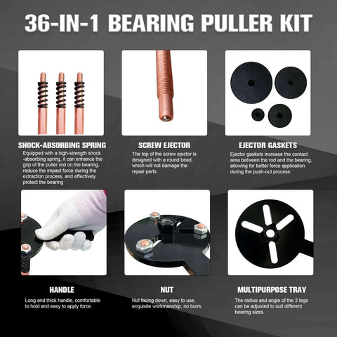 All-In-One 36-In-1 Bearing Puller Kit For Blind Hole Removal With 3 Jaw Hooks and Bearing Separator displayed with parts