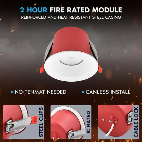 2 Hour fire rated module with reinforced steel casing for safety, part of the 12 Pack 4 Inch Led Recessed Lights With Ready Mount Jbox Switches 5Cct Warm To Cool Dimmable Fixtures 1000 Lumens.