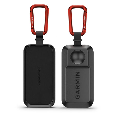 Back and front view of Approach G82 Launch Monitor And GPS Golf Handheld with 5 Inch Touchscreen, red carabiner clip detail