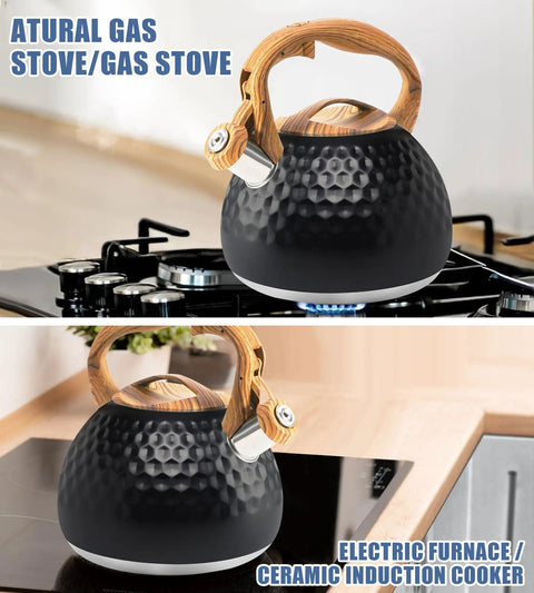Stovetop Tea Kettle 3.2 Quart Stainless Steel Whistling Teapot With Wood Pattern Handle Food Grade Build for Gas/Electric Stovetops