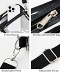 Clear Crossbody Bag With Front Pocket Stadium Approved For Concerts Sports Festivals Waterproof PVC, showing zipper, hook, and strap.