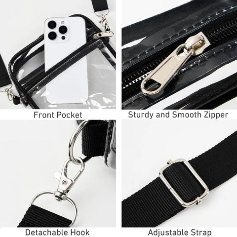 Clear Crossbody Bag With Front Pocket Stadium Approved For Concerts Sports Festivals Waterproof PVC, showing zipper, hook, and strap.