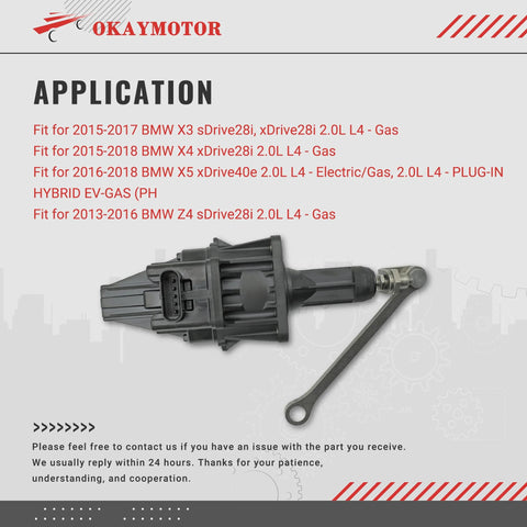 OKAYMOTOR turbocharger wastegate actuator; black plastic housing with metal lever and electrical connector
