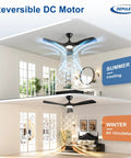 52 Inch Ceiling Fan With Light Black Three Blade Indoor And Outdoor Remote Control Dimmable Light Ultra Quiet DC Motor Reversible Six Speed With Timer For Patios And Living Rooms Energy Efficient displayed in summer and winter settings