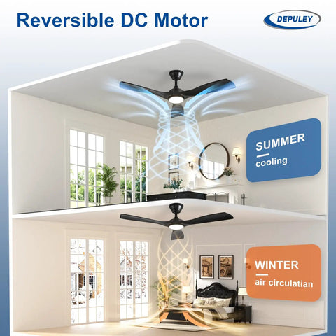 52 Inch Ceiling Fan With Light Black Three Blade Indoor And Outdoor Remote Control Dimmable Light Ultra Quiet DC Motor Reversible Six Speed With Timer For Patios And Living Rooms Energy Efficient displayed in summer and winter settings
