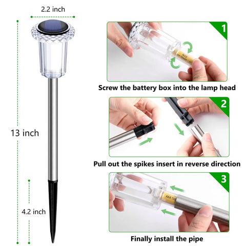 Solar Pathway Lights 10 Pack Outdoor Waterproof LED Stainless Steel Stakes assembly instructions for garden lawn walkway.