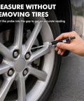 Person using Stainless Steel Brake Pad Thickness Gauge Pen Style Brake Measure Tool to check brake pad wear without removing tires.