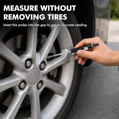 Person using Stainless Steel Brake Pad Thickness Gauge Pen Style Brake Measure Tool to check brake pad wear without removing tires.