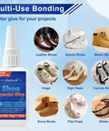 Bottle of shoe glue with images of various footwear types including leather shoes, sports shoes, and clogs shown for multi-use bonding.