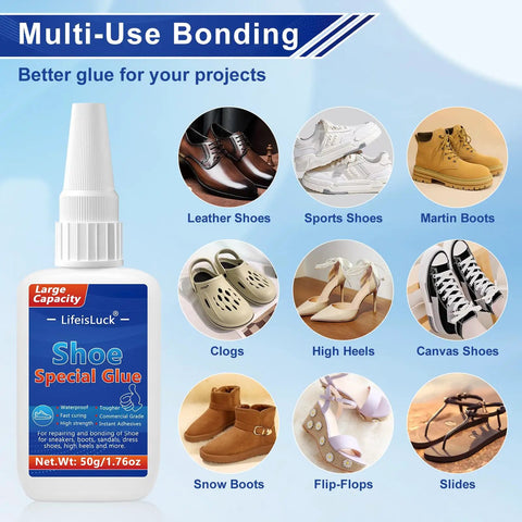 Bottle of shoe glue with images of various footwear types including leather shoes, sports shoes, and clogs shown for multi-use bonding.